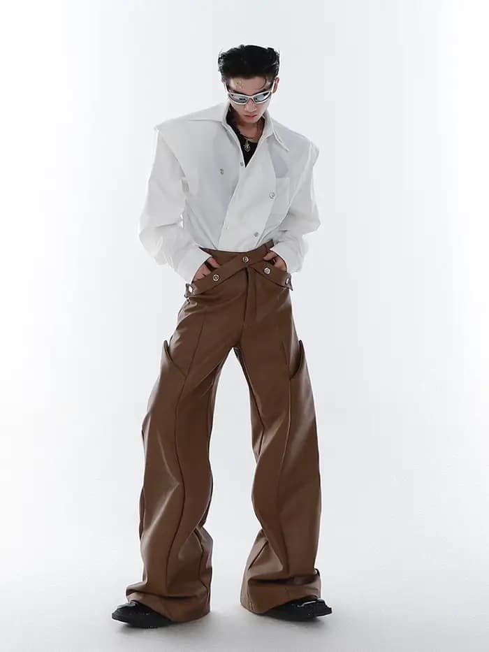 Mauroicardi printemps automne longue ample décontracté marron noir Pu cuir pantalon hommes de luxe vêtements de créateur