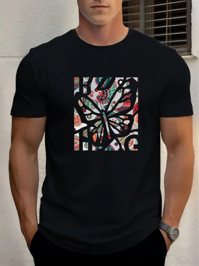 T-shirt pour hommes papillon 100 % coton impression graphique été