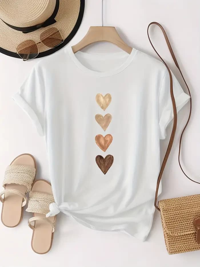 T-shirt décontracté à manches courtes pour femmes avec imprimé graphique quatre coeurs – Noir et dor