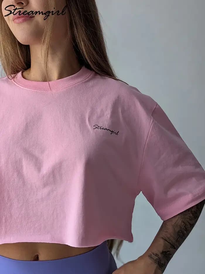 Blanc coton culture t-shirts pour femmes coupe ample été Sexy Baggy haut court t-shirt à manches courtes surdimensionné