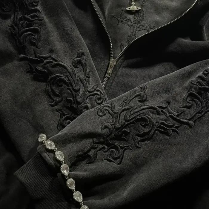 Sweat à capuche zippé brodé Y2K Gothique pour Hommes et Femmes