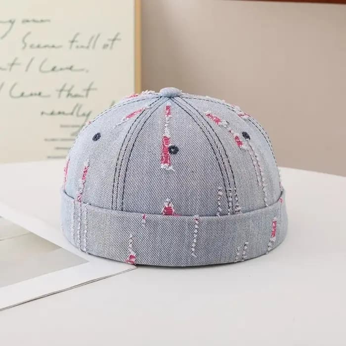 Casquette Docker en Denim Effiloché, Mélange Coton-Polyester, Imprimé Graffiti, Bonnet Sans Visière, Bords Effilochés Ajustables