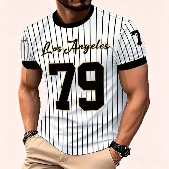 T-shirt de baseball rayé Los Angeles 79 pour homme, noir avec numéro doré, style streetwear sportif,