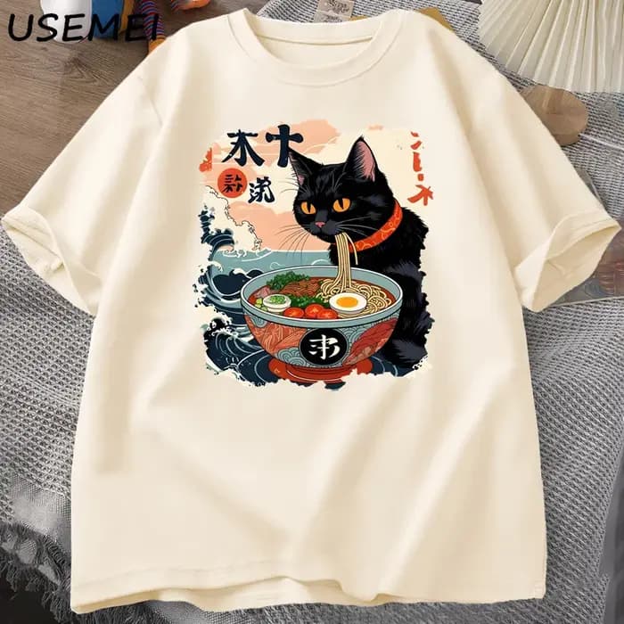 Kawaii chat Anime T-shirt Ramen japonais drôle graphique