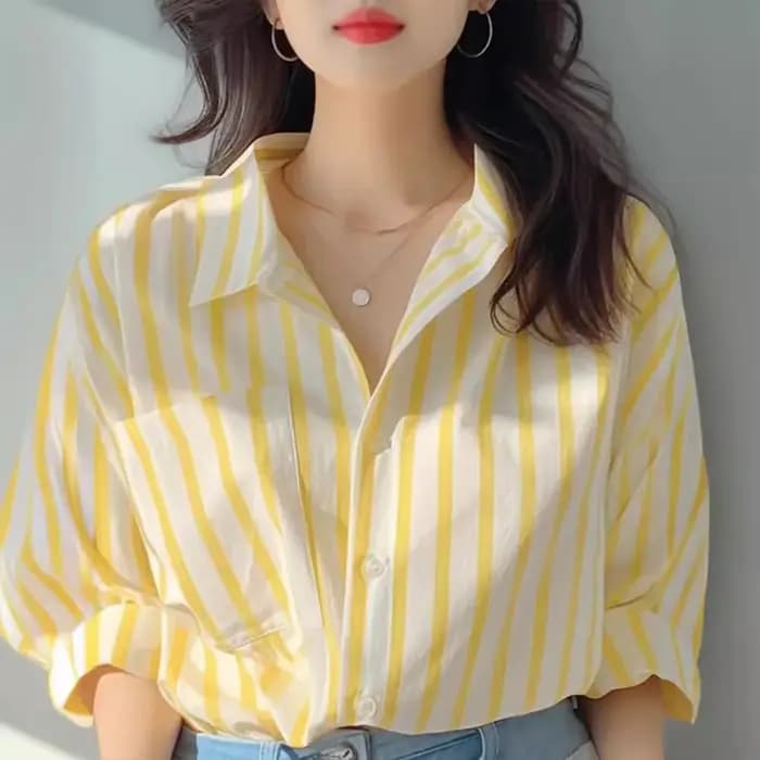 Chemise à rayures verticales jaunes et blanches pour femmes