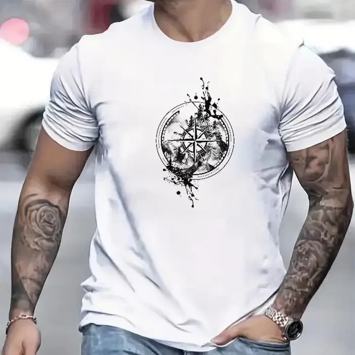 T-shirt pour homme 100% coton imprimé boussole avec rose