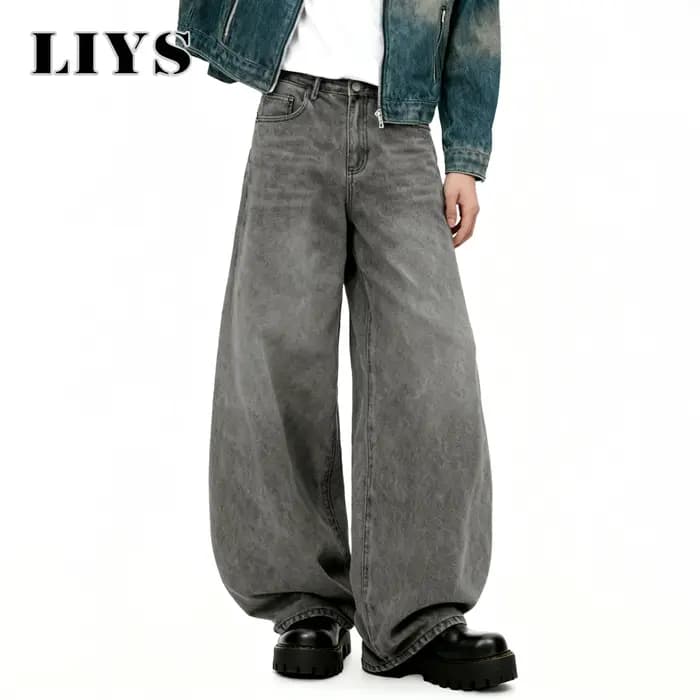 Jean Américain Rétro Baggy à Jambes Larges Gris Noir pour Homme – Printemps-Été