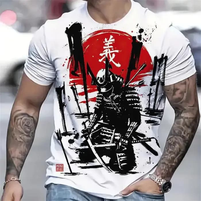 T-shirt décontracté pour homme style samouraï japonais, manches courtes, col rond, coupe ample, pour