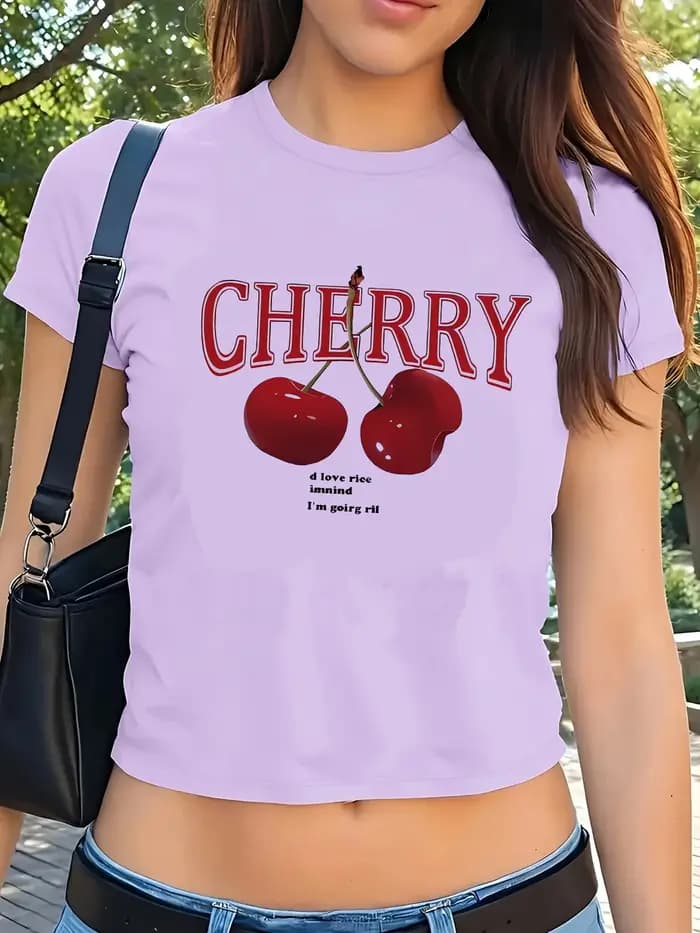T-shirt col rond imprimé cerise Y2K, manches courtes, coupe ajustée, haut court, vêtements pour femm