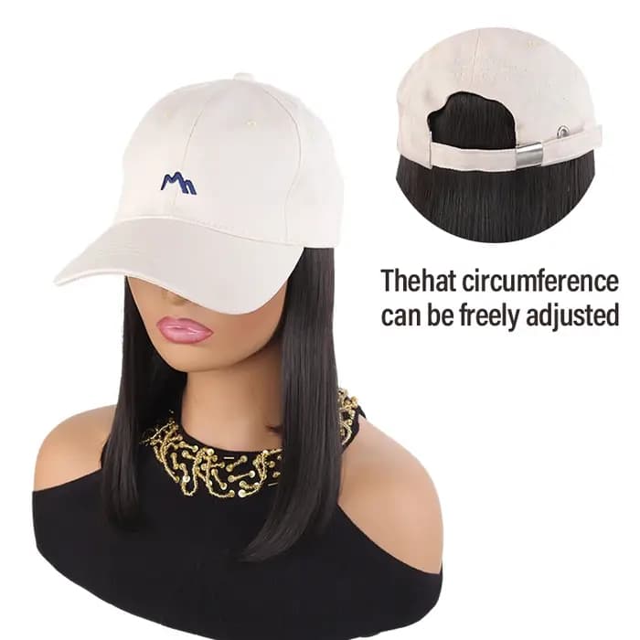 Casquette de baseball beige avec cheveux synthétiques raides mi-longs – Chapeau perruque intégré pour femme
