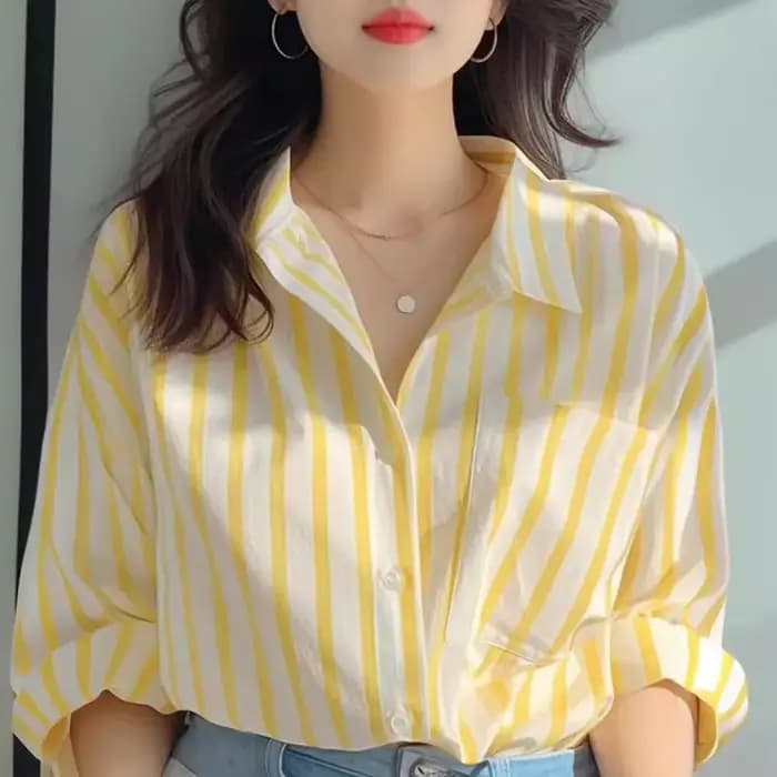 Chemise à rayures verticales jaunes et blanches pour femmes, nouvelle chemise européenne décontracté