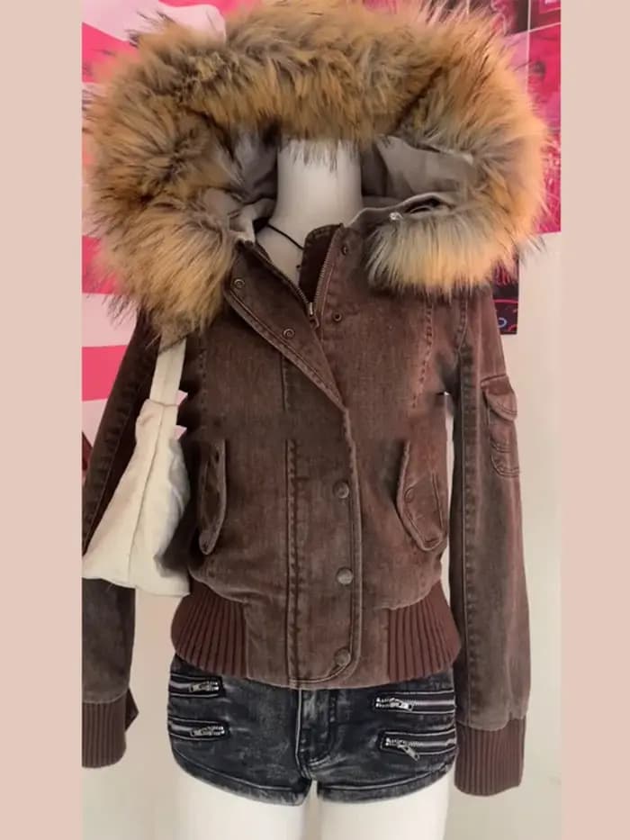 Veste bombardier à capuche avec col en fourrure pour femme