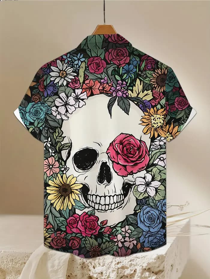 Crâne coloré 3D imprimé chemise rue Hip Hop mode personnalité hommes décontracté hauts été ample à manches courtes