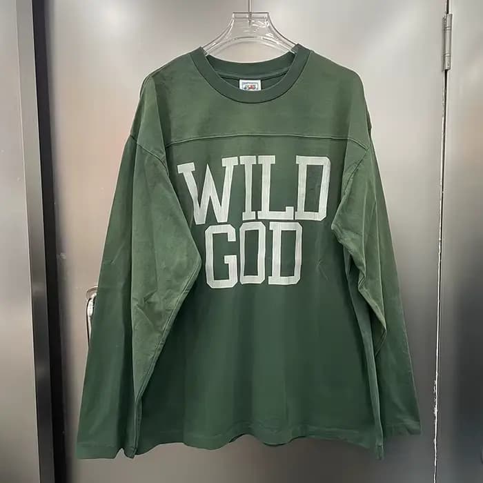 T-shirt Homme Oversize 100% Coton à Manches Longues, Imprimé Lettres Craquelées Vertes Effet Délavé