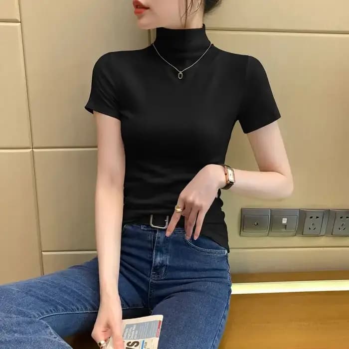Nouveau 2025 été nouveauté bleu col roulé T-Shirt pour femmes à manches courtes décontracté haut ajusté polyvalent mode