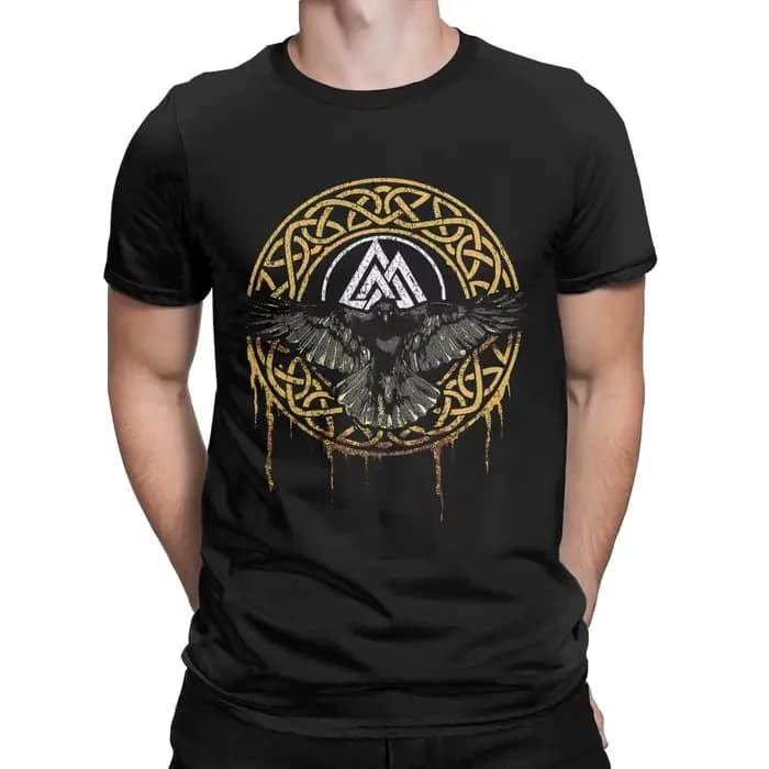 T-shirt manches courtes homme, en pur coton, Viking, Raven Valhalla, Norse, Myenson, Vintage, Odin,