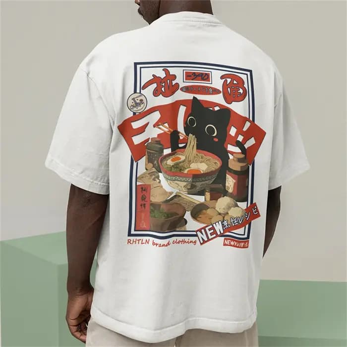 T-shirt hip-hop homme street wear Harajuku japonais Lamian Noodles chat
