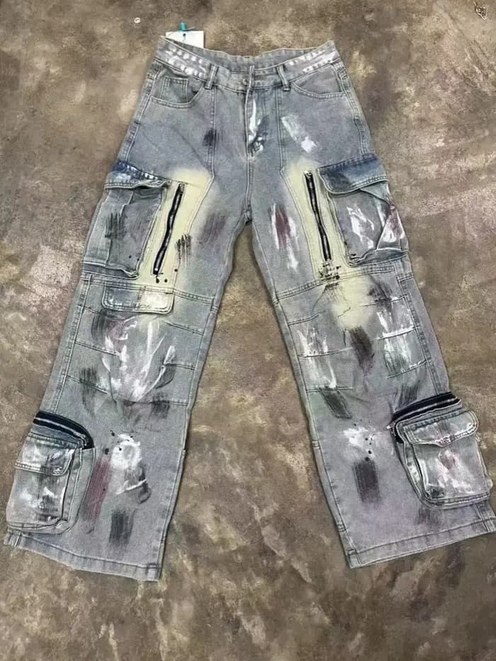 Trashy Y2K 2000S en détresse bleu peinture Splash Baggy Cargo jean pantalon pour femmes 90S Vintage vêtements fermeture