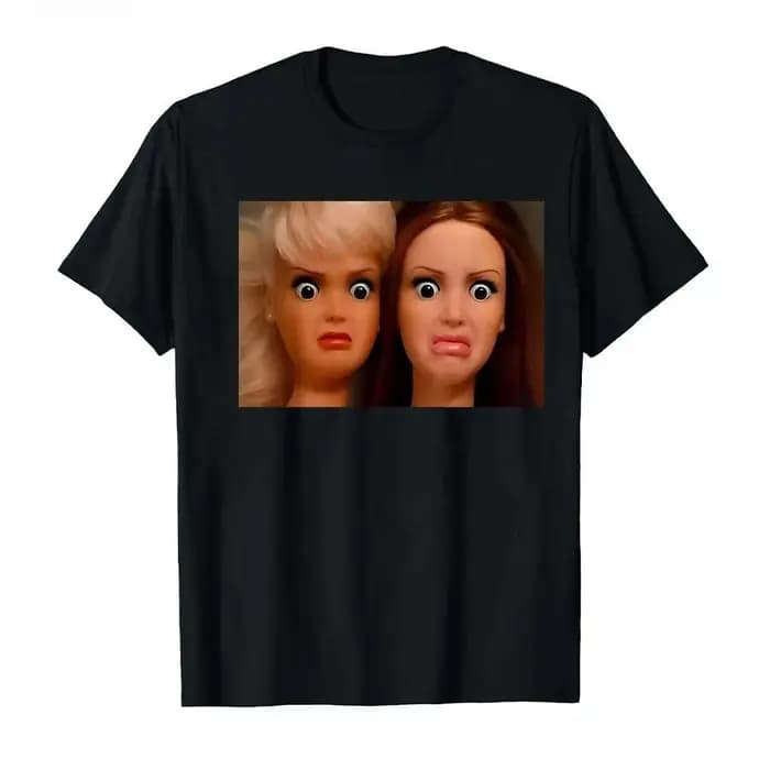 T-shirt unisexe en coton à manches courtes avec imprimé graphique FunnyMeme visage de poupée vieilli