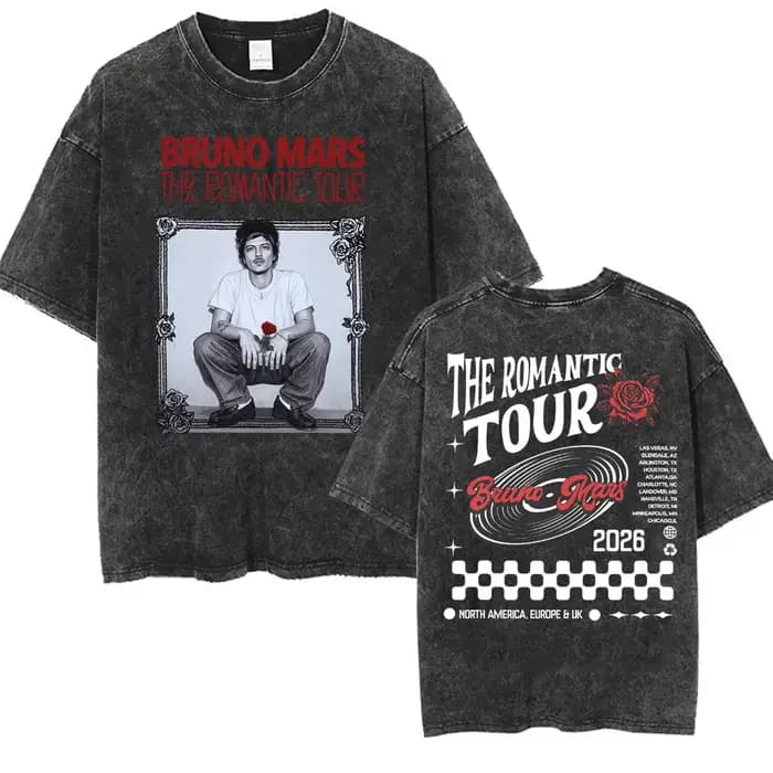Bruno Mars The Romantic Tour 2026 T-shirt vintage délavé pour homme, vêtements pour homme, mode hip