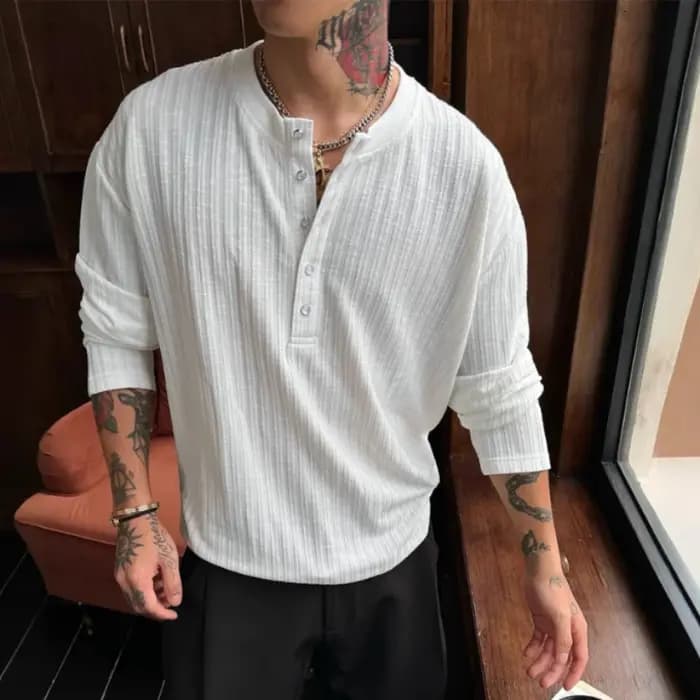 T-shirt à manches longues pour homme, rayé, coupe ample, décontracté, sous-vêtement de base pour l'automne