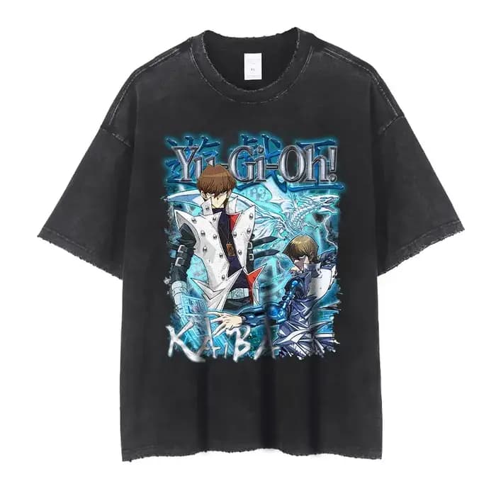 T-shirts Anime Yu-Gi-Oh Vintage Noir Délavé Magicien Ample Y2K Streetwear Manga Yugi Mutou Manches Courtes Hauts Décontractés