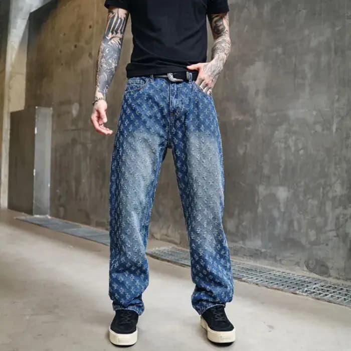 Jean bleu 12 modèles hommes motif Jacquard Vintage en relief Streetwear jean ample homme haute rue a