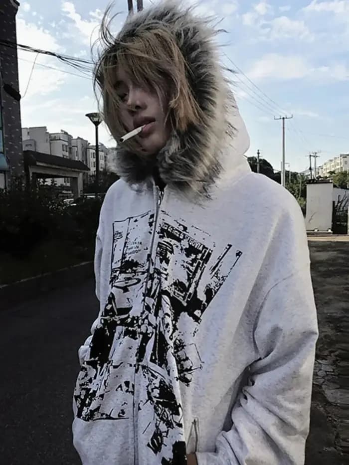Sous-culture Faux manteaux femmes veste graphique avec capuche polaire fourrure