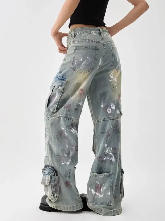 Trashy Y2K 2000S en détresse bleu peinture Splash Baggy Cargo jean pantalon pour femmes 90S Vintage vêtements fermeture
