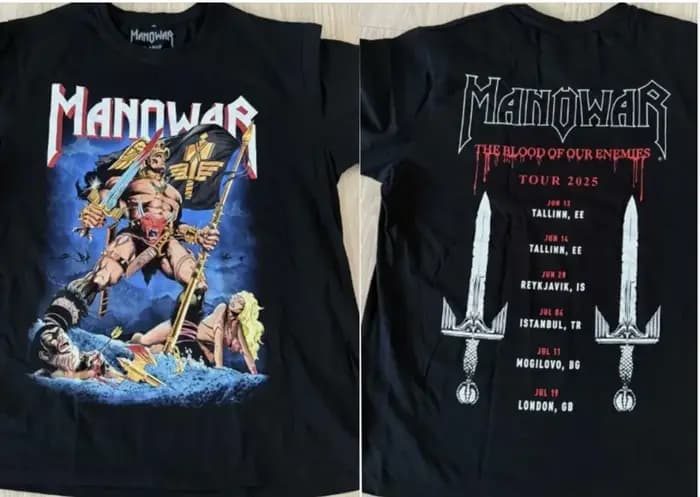 Nouvelle chemise Manowar Tour 2025 à manches courtes, couleur noire, 2 côtés