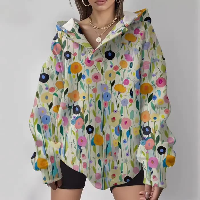 Vintage confortable Sweat à capuche surdimensionné pour femmes, Style de rue avec fleurs noires, v