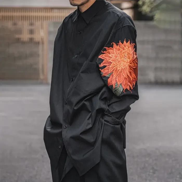 Yamamoto Style chemise à fleurs rouges hommes japonais allongé foncé brodé haut à fleurs unisexe cou