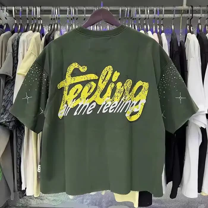 T-shirt court unisexe en molleton French Terry vert abricot avec imprimé graphique streetwear et strass