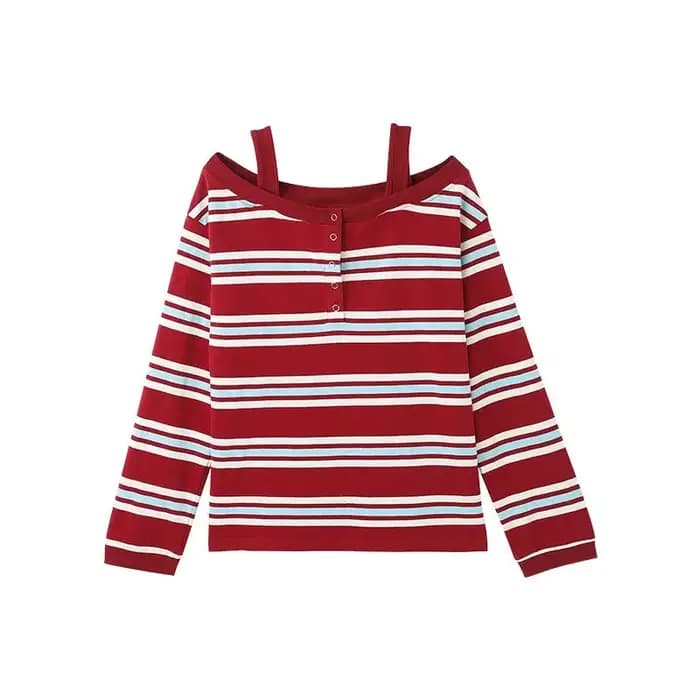 T-shirt à épaules dénudées rayé rouge et bleu