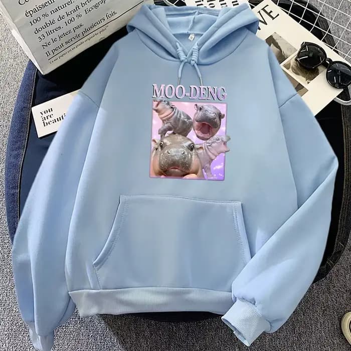 Sweat à capuche imprimé dessin animé Moo Deng pour hommes et femmes