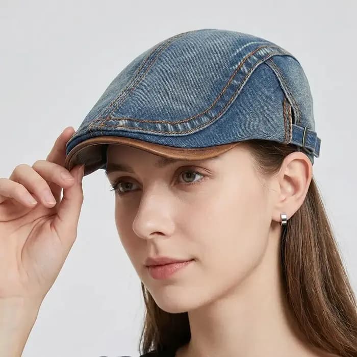 Casquette Gavroche en Jean Lavé Coton Style Britannique Réglable Couleur Unie Printemps