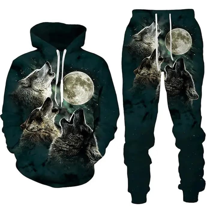 Loup Animal impression 3D sweats à capuche pantalon ensemble hommes automne
