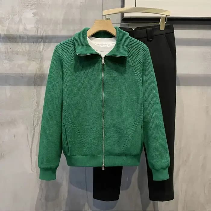 Vêtements pour hommes veste zippée pull en tricot homme fermeture éclair plaine vert couleur unie Cardigan avec poches manteau 2025 tendance coupe ample V