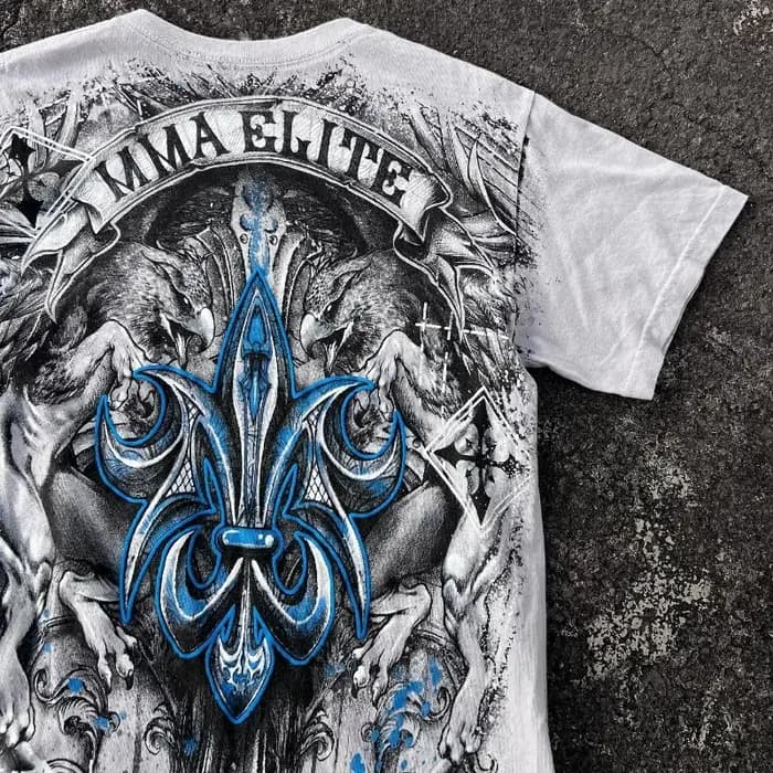 MMA Elite Y2K esthétique bleu Iris fleur impression numérique t-shirt unisexe Streetwear coton surdimensionné