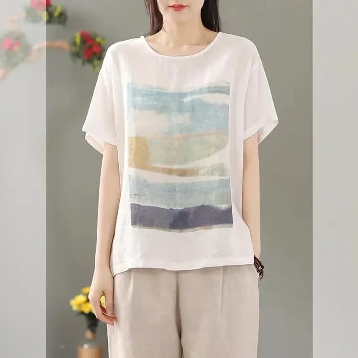 Blanc cravate colorant Art impression coton lin col rond manches courtes T-Shirt femmes Blouse chemise mode coréenne femme vêtements hauts