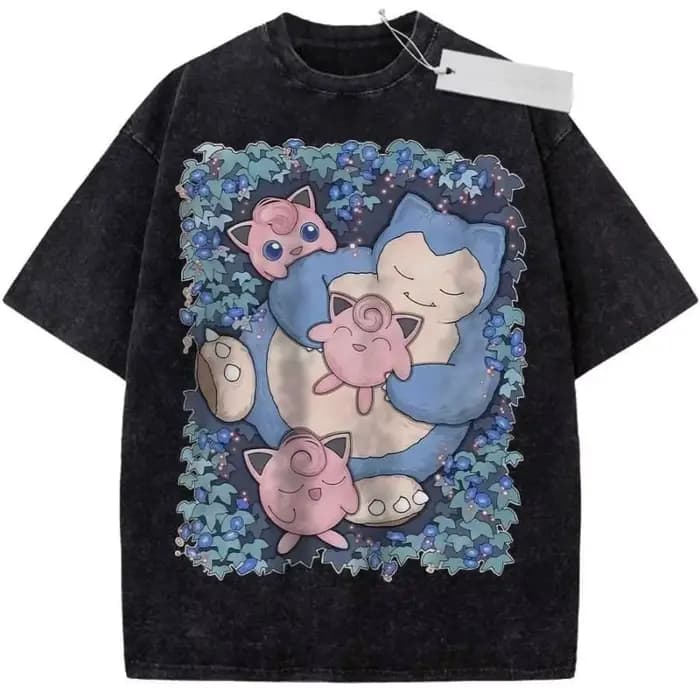 T-shirt de sport à manches courtes, violet, unisexe, en pur coton, lavé, Vintage, imprimé Pokemon An