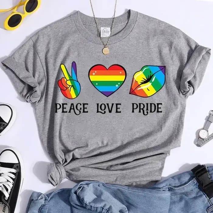 T-shirt manches courtes col rond femme, Peace Love Pride, coloré, imprimé