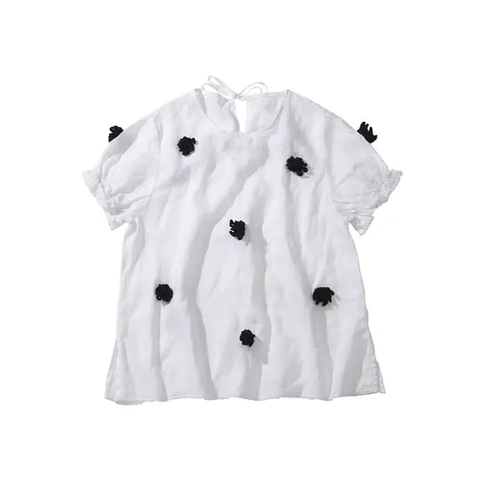 Chemise décontractée en lin blanc pour femmes, imakokoni, pull ample à fleurs au crochet, original,