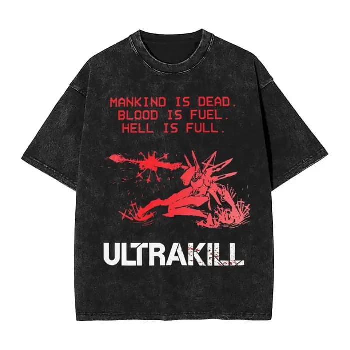 Jeu Hell is Kill Ultrakill Shooter T-shirt graphique lavé surdimensionné T-shirt hommes femmes vêtements pur coton à manches courtes T-shirt