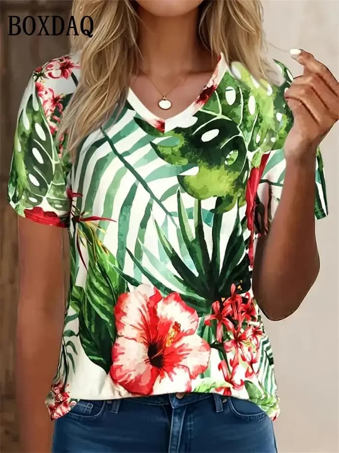 8XL grande taille T-Shirt femmes été Vintage fleurs impression 3D chemises quotidien décontracté col en v à manches