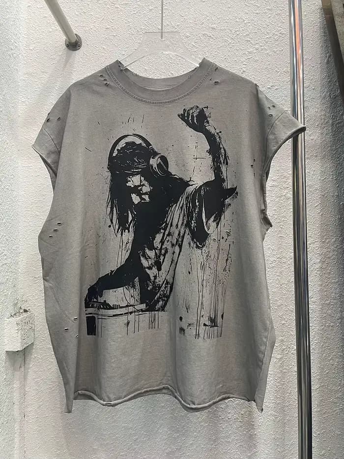 High Street sale endommagé trou dieu est un DJ débardeurs hommes femmes surdimensionné Saint manches