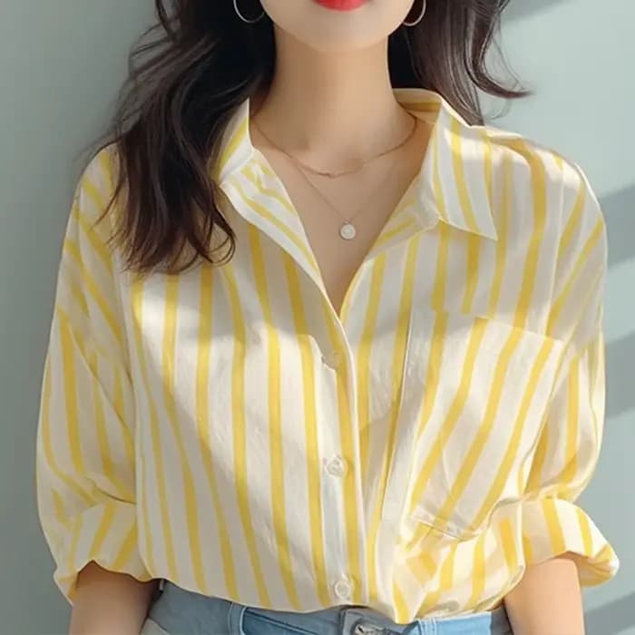 Chemise à rayures verticales jaunes et blanches pour femmes