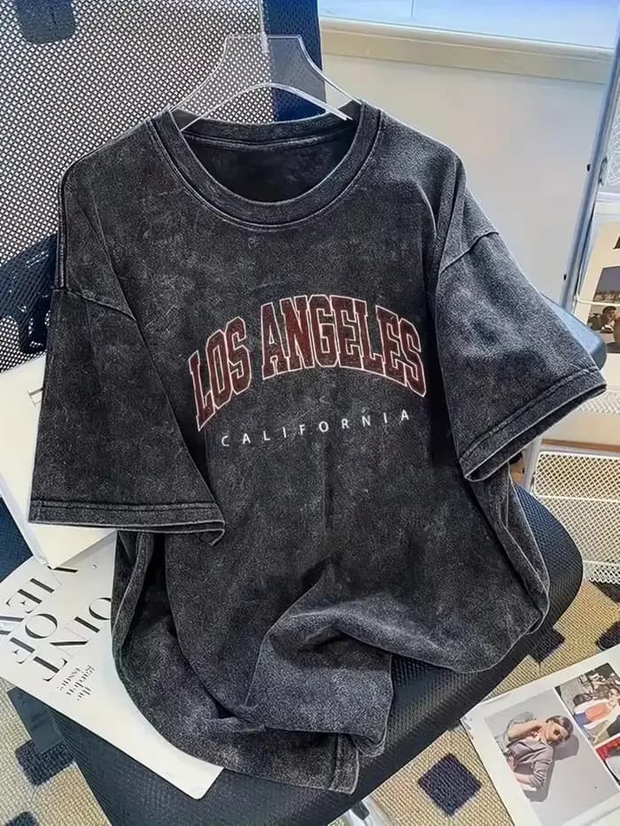 T-shirt unisexe oversize en coton à col rond, motif arche de Los Angeles, style vintage délavé, stre