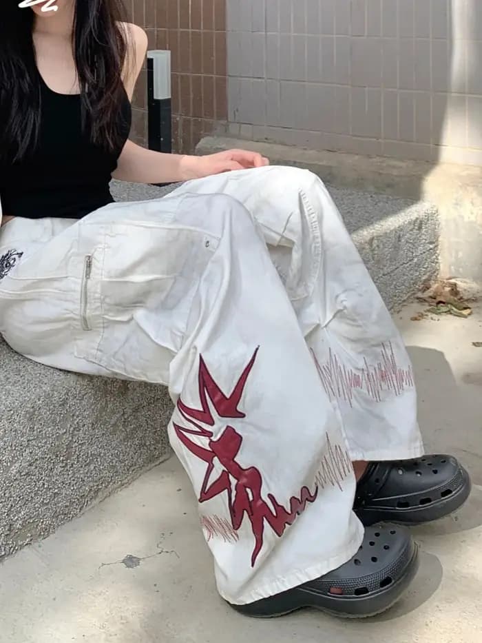 Trashy Y2K 2000S sale lavé blanc broderie Baggy empilé Cargo jean pantalon pour femmes vêtements jambe large Punk dame
