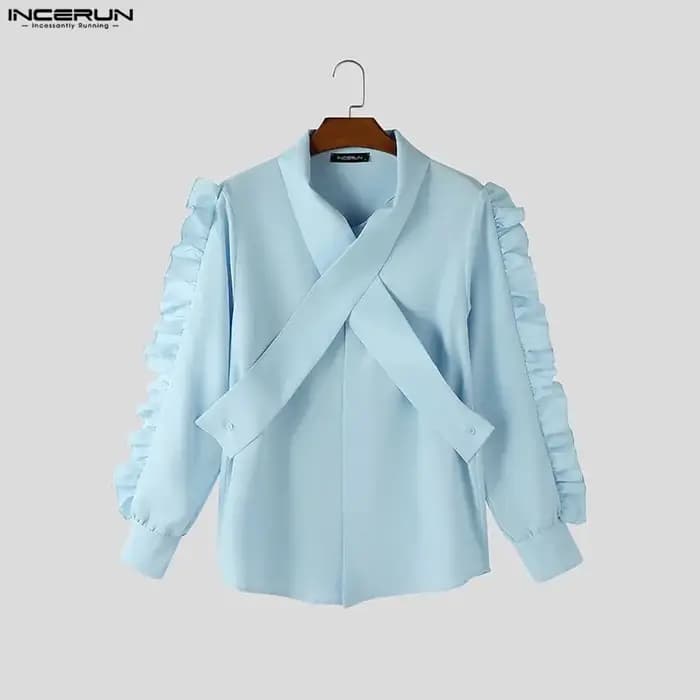 INCERUN hommes chemise couleur unie revers à manches longues à volants décontracté hommes vêtements